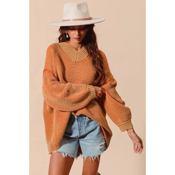 NWT Oversized Orange & Camel Knit Pullover Sweater With Collared Neckline Small - Picture 4 of 9